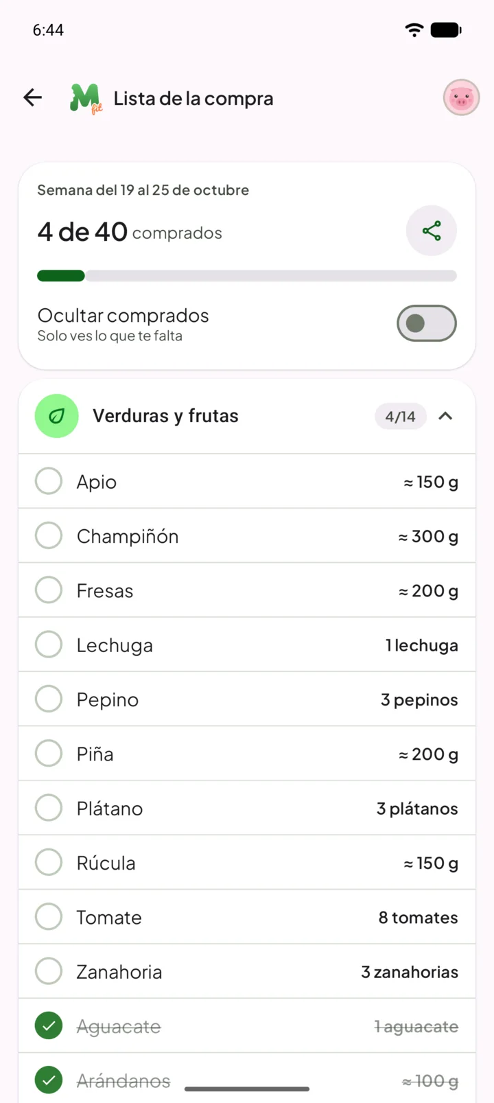 Lista de la compra de la semana con casillas para marcar