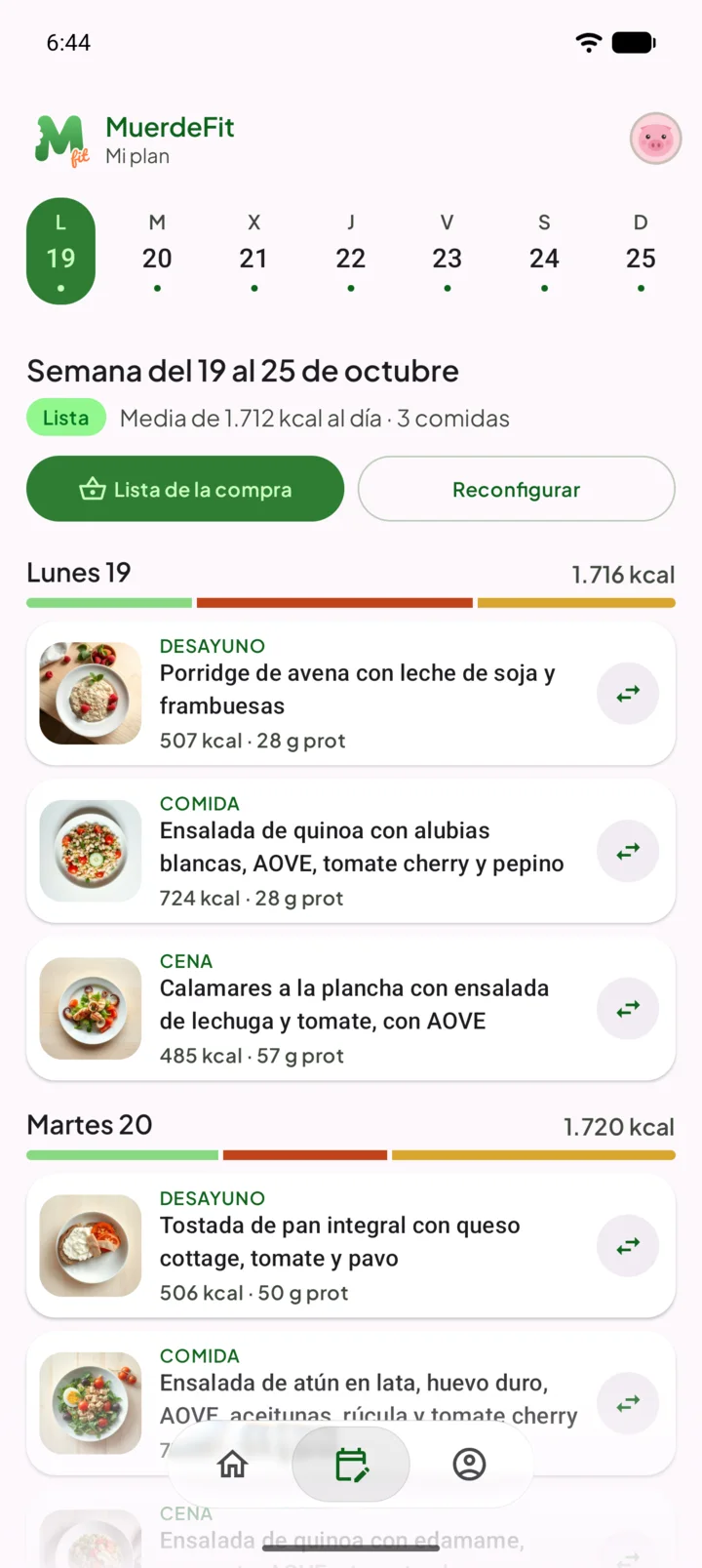 Pantalla Mi plan de MuerdeFit con los platos de la semana