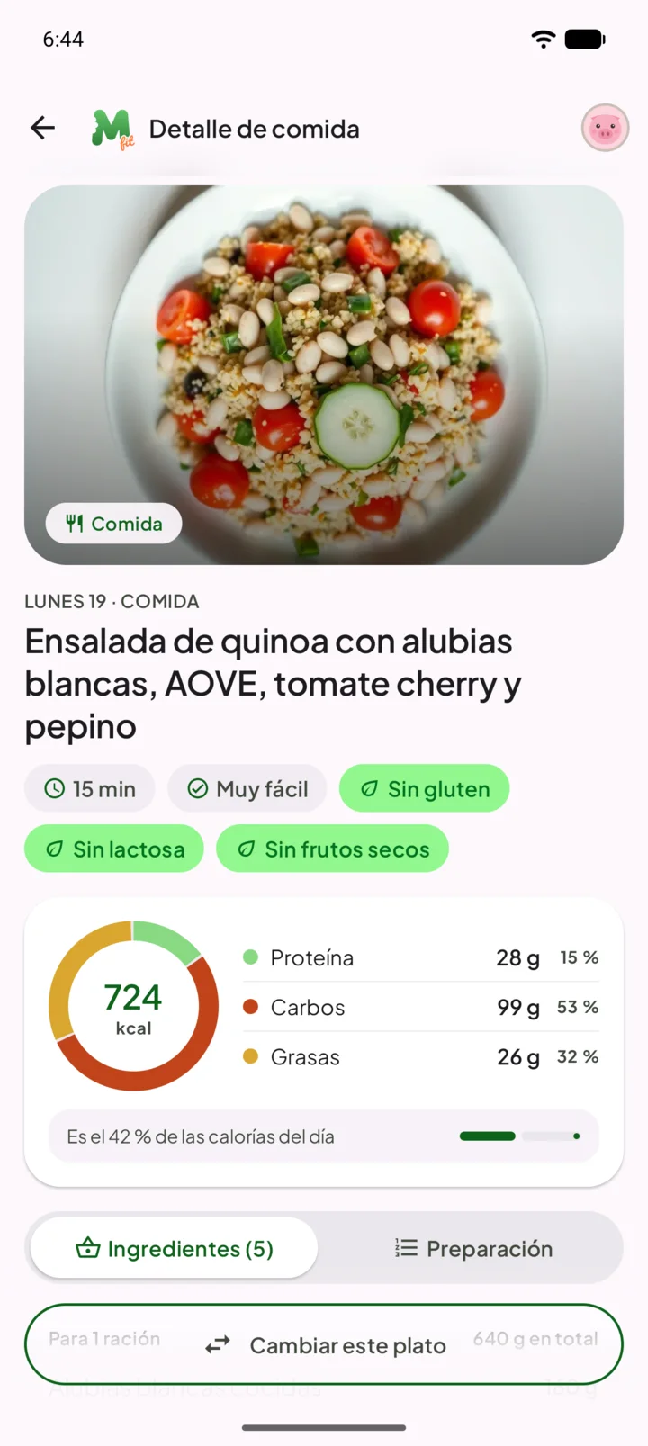 Detalle de una receta con calorías, macros e ingredientes